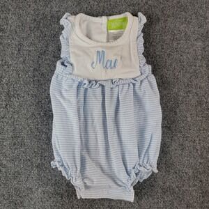 Classic Whimsy Baby Girl 6M Blue White Striped "Mae" Embroidered Bubble Romper